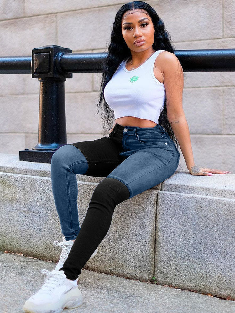 Denim High Wasit Color Block Patchwork Jeans Tiynon