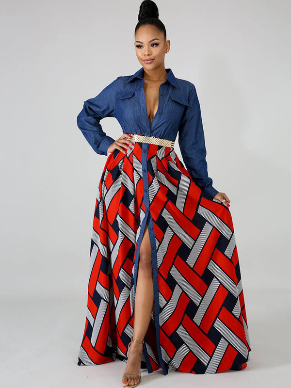 Denim Long Sleeve Plaid Patchwork Maxi Dresses Tiynon