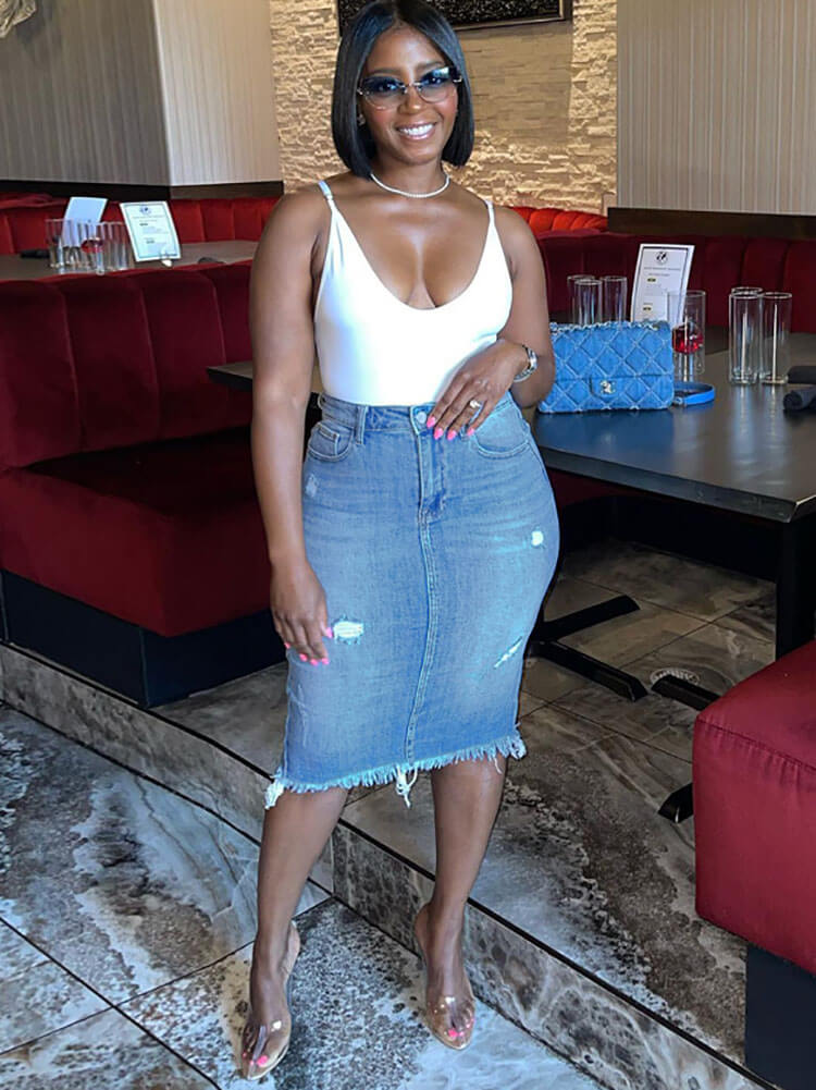 Denim Ripped Back Split Midi Skirts Tiynon