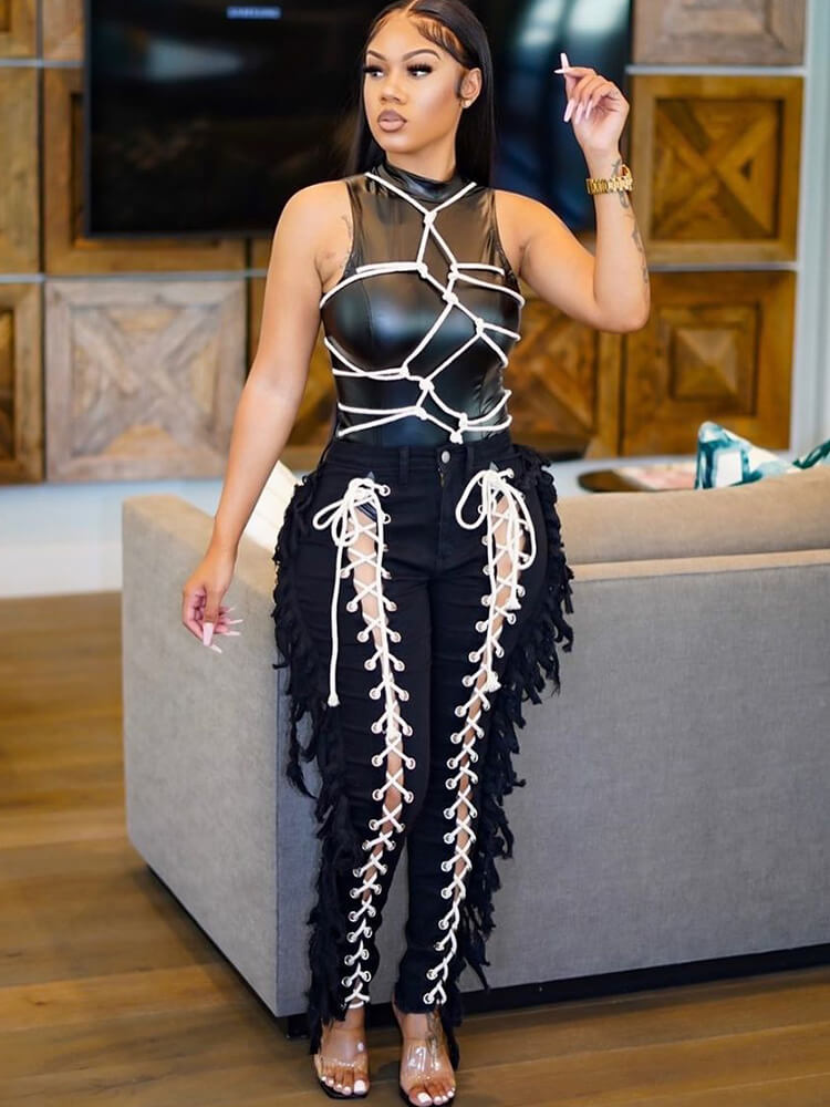 Denim Tassel Criss Cross Wide Leg Pants Tiynon