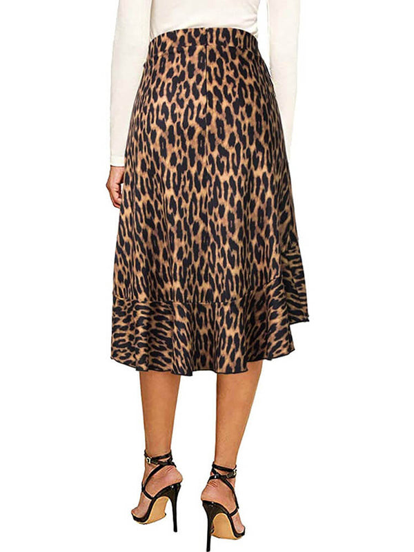 Elegant Leopard Printed A Line Midi Swing Skirt Tiynon