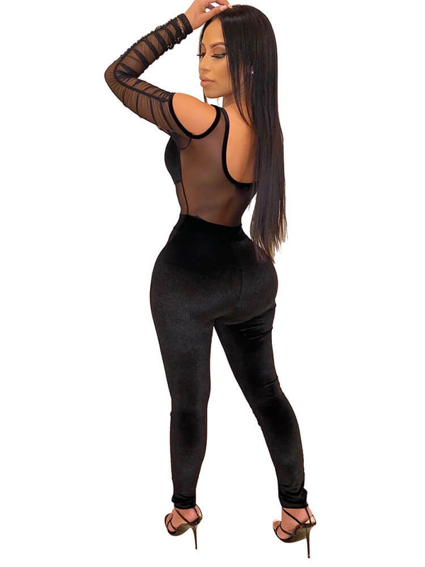 Elegant Sheer Mesh Cold Shoulder Velvet Bodycon Jumpsuits Tiynon