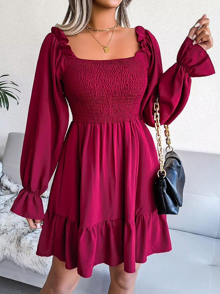 Flare Long Sleeve Smocked Ruffle Mini Dresses Tiynon