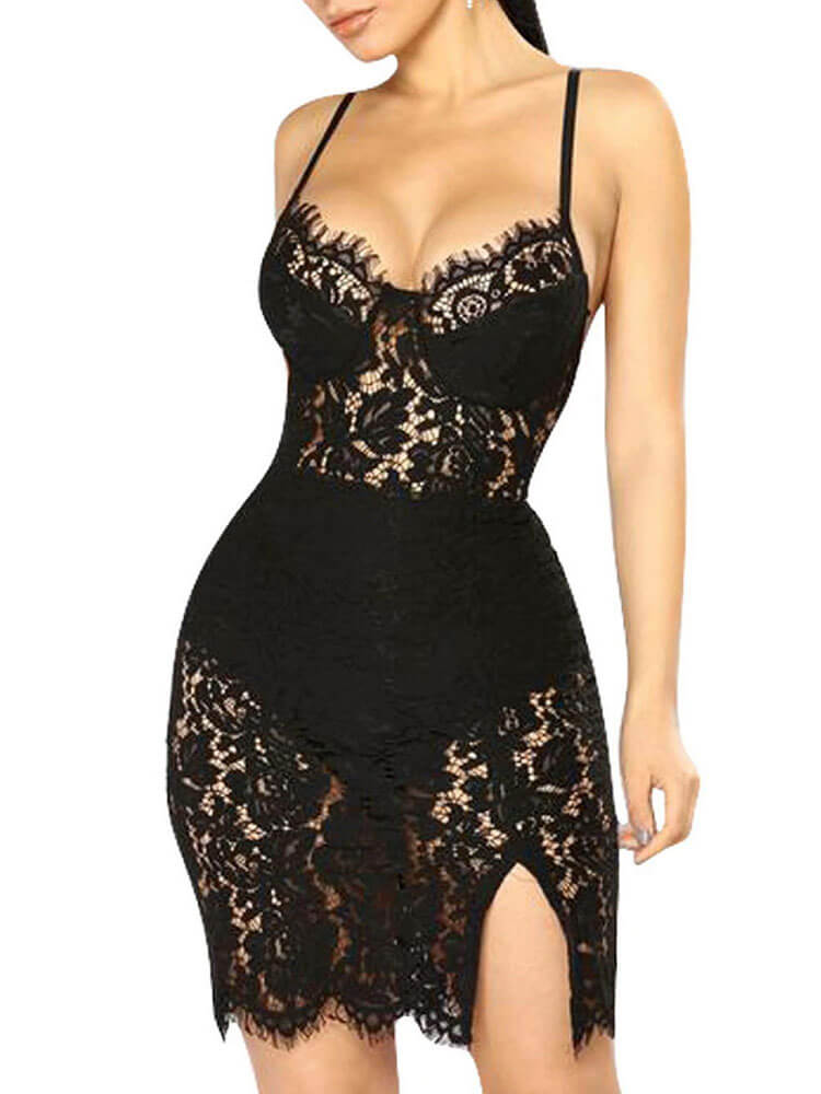 Floral Lace Mesh Hollow Out Bodycon Dress Tiynon