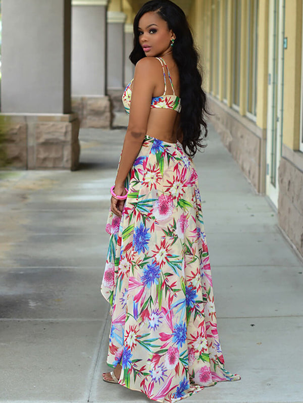 Floral Print Halter Asymmetrical Boho Midi Dress Tiynon