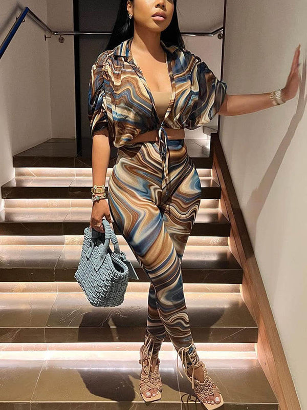 Floral Print Shirt Crop Top & Bodycon Long Pants Tiynon