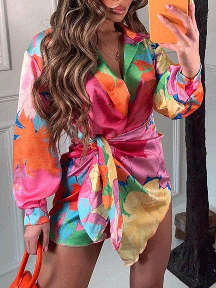 Floral Print V Neck Long Sleeve Blouse Tops Tiynon