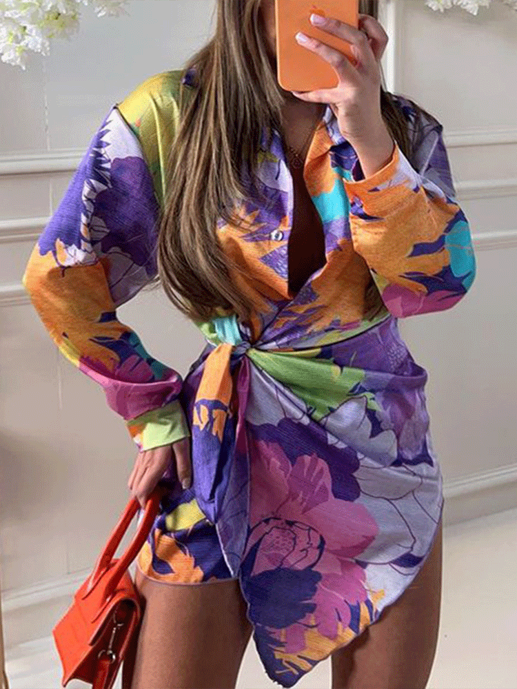 Floral Print V Neck Long Sleeve Blouse Tops Tiynon