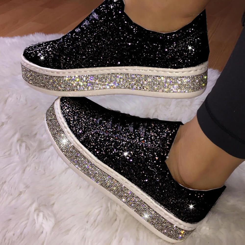 Glitter Sparkly Lace Up Flat Sneakers Tiynon