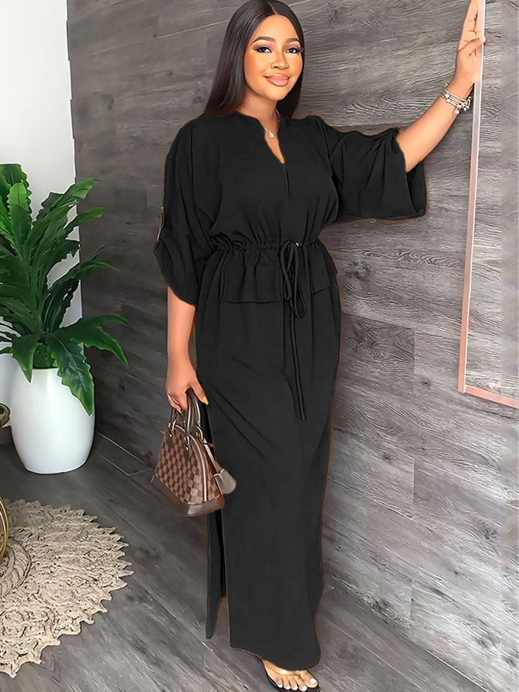 Half Sleeve Lace Up Split Maxi Dresses Tiynon