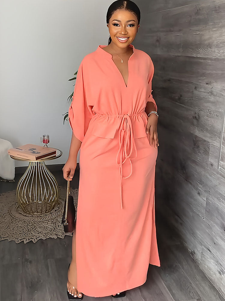 Half Sleeve Lace Up Split Maxi Dresses Tiynon