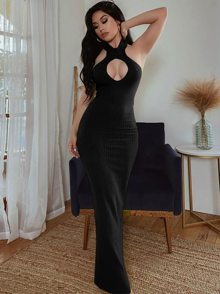 Halter Backless Ribbed Split Maxi Dresses Tiynon