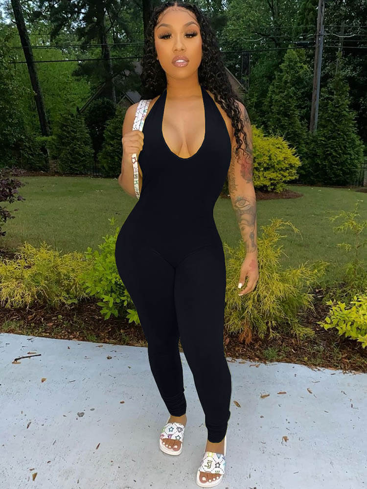 Halter Deep V Neck Backless Jumpsuits Tiynon
