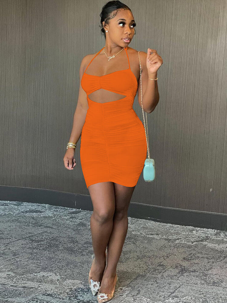Halter Neck Hollow Out Ruched Mini Dresses Tiynon