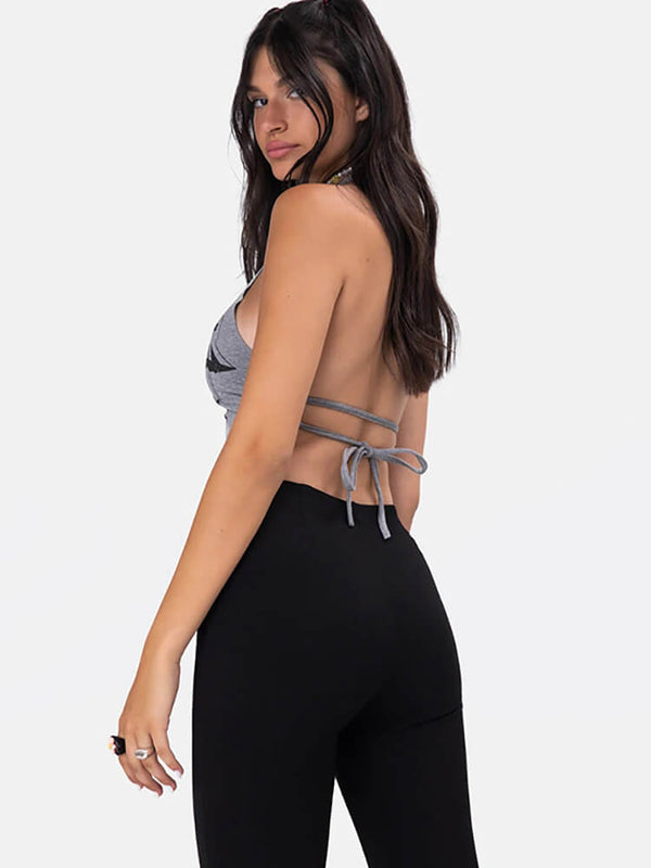 Halter Neck Letter Print Backless Crop Tops Tiynon