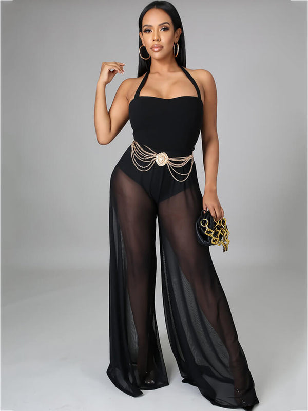 Halter Neck Strap Sheer Mesh Wide Leg Jumpsuits Tiynon
