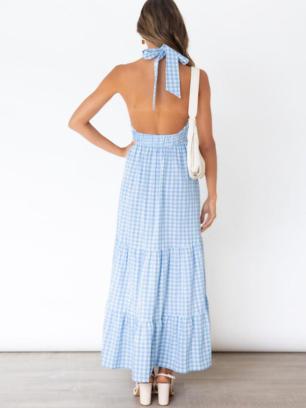 Halter Sleeveless Backless Plaid Maxi Dresses Tiynon