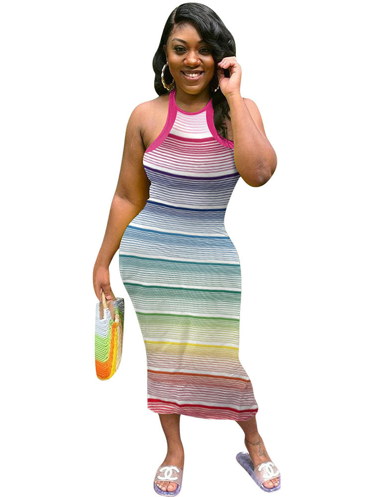 Halter Striped Crew Neck Midi Dresses Tiynon