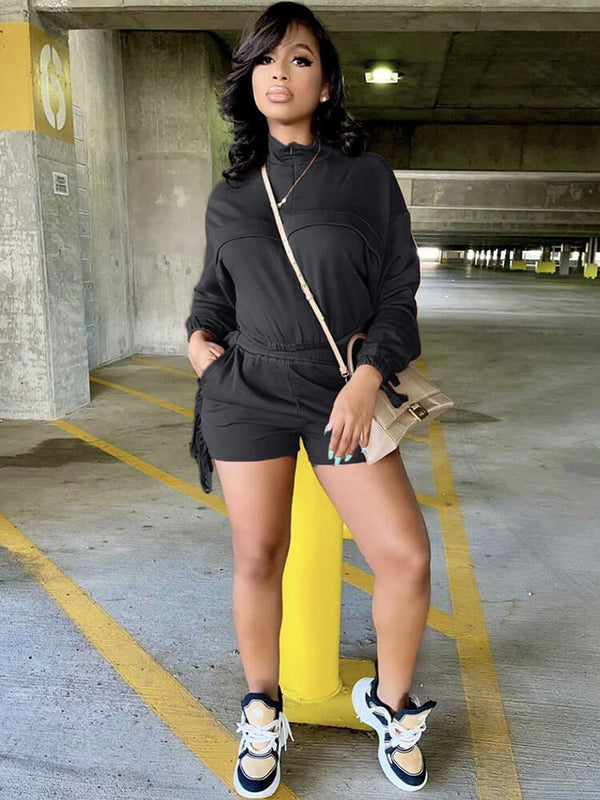 High Collar Long Sleeve Fringe Crop Top & High Waist Shorts Tiynon