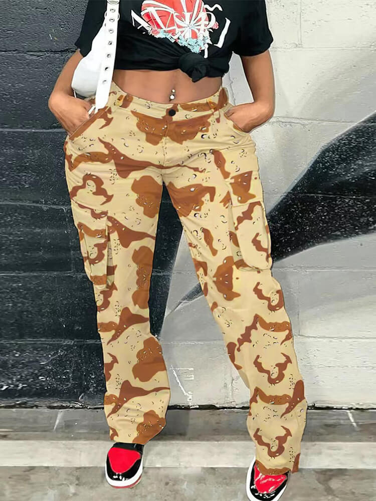 High Waist Camouflage Print Cargo Pants Tiynon