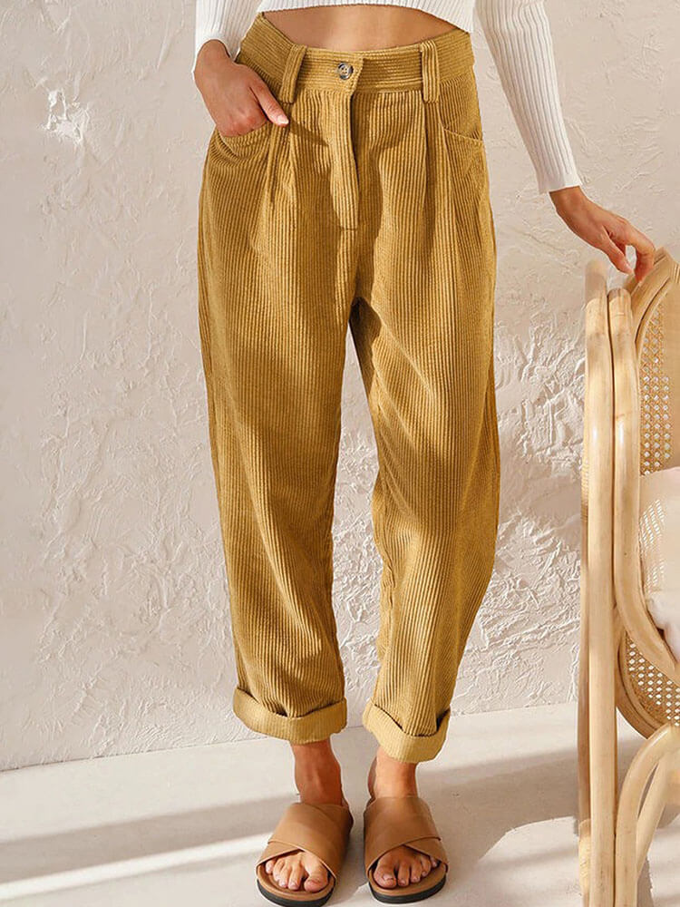 High Waist Corduroy Solid Color Long Pants Tiynon