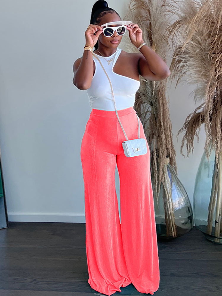 High Waist Solid Color Wide Leg Pants Tiynon