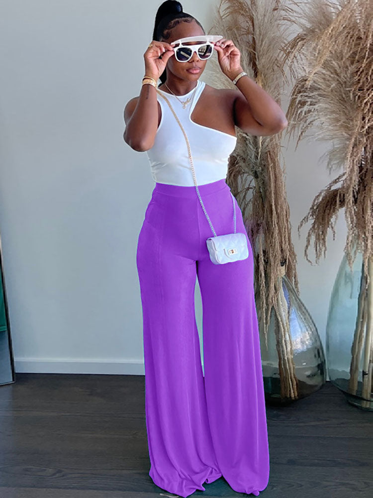 High Waist Solid Color Wide Leg Pants Tiynon