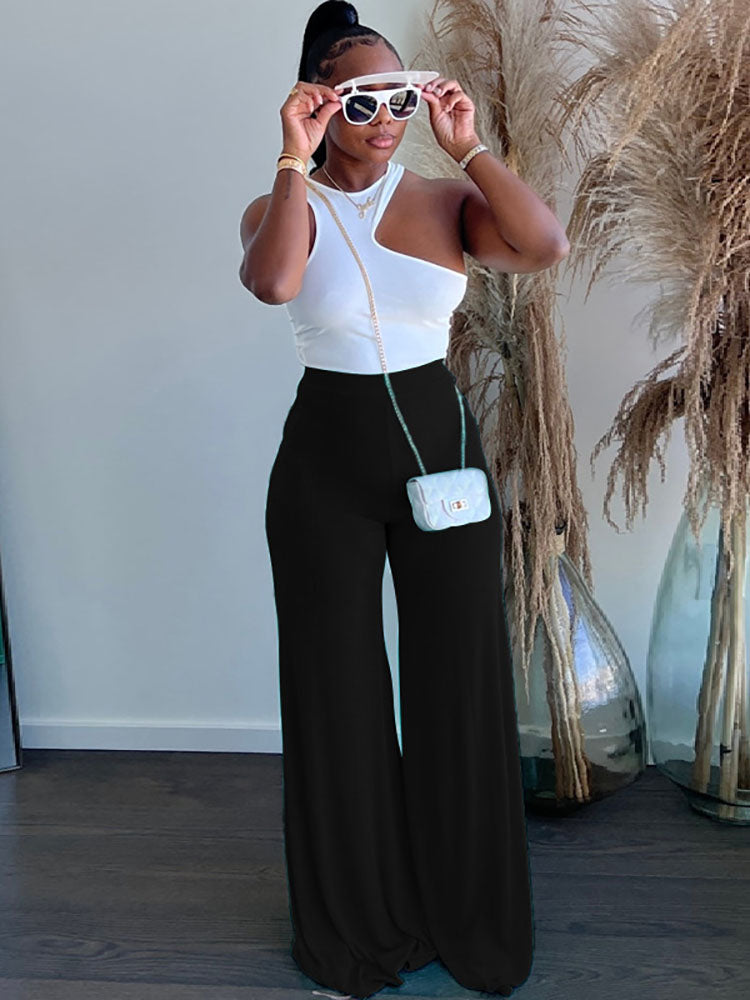 High Waist Solid Color Wide Leg Pants Tiynon