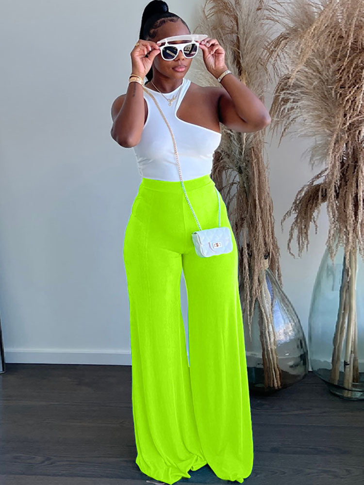 High Waist Solid Color Wide Leg Pants Tiynon