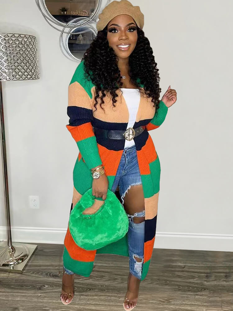 Knit Long Sleeve Color Block Bodycon Cardigan Tiynon