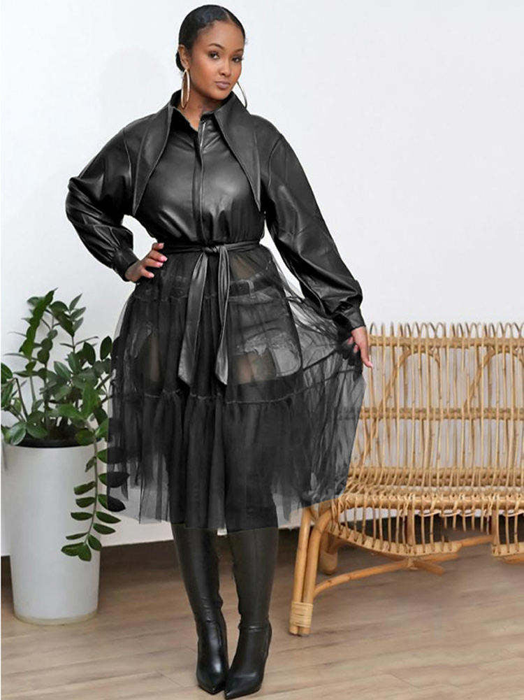 Leather Patchwork Mesh Tunic Dresses with Pockets Tiynon