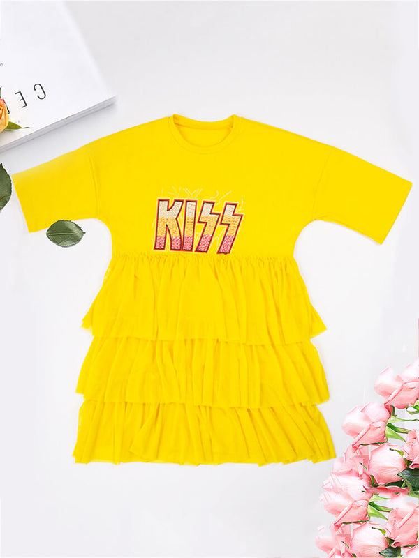 Letter Print Patchwork Tiered Layer Mesh T-shirt Dresses Tiynon