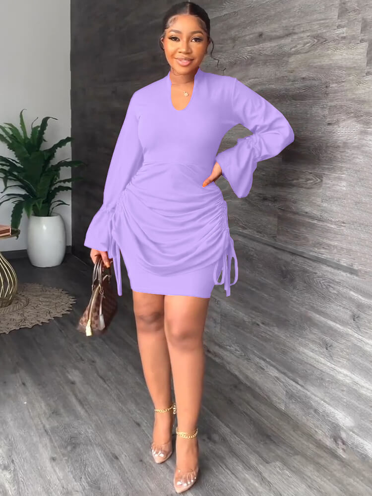 Long Puff Sleeve Ruched Drawstring Mini Dresses Tiynon