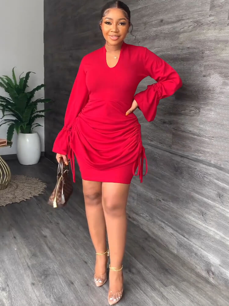 Long Puff Sleeve Ruched Drawstring Mini Dresses Tiynon