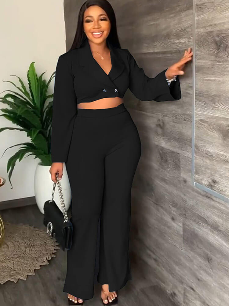 Long Sleeve Blazer Crop Top Long Pants Set Tiynon