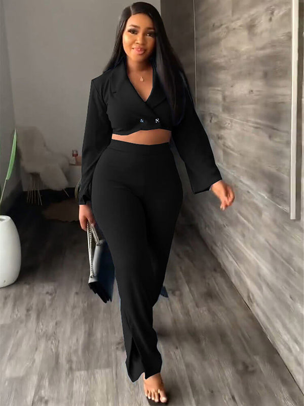 Long Sleeve Blazer Crop Top Long Pants Set Tiynon