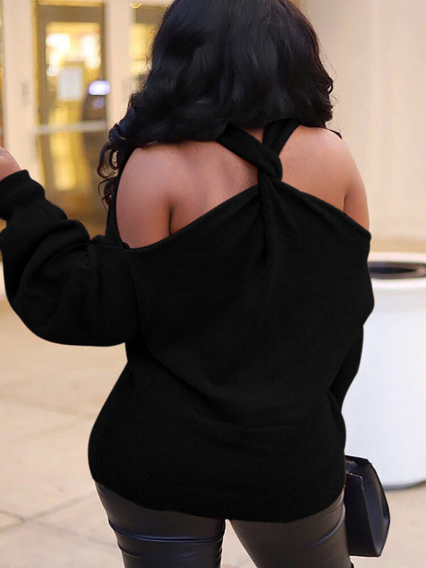 Long Sleeve Criss Cross Cold Shoulder Knit Sweaters Tiynon