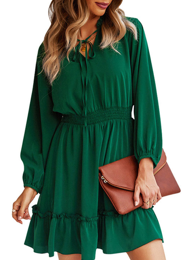 Long Sleeve Elastic Waist Mini Dresses Tiynon