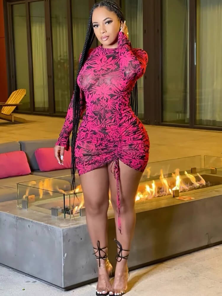 Long Sleeve Floral Print Drawstring Mini Dresses Tiynon