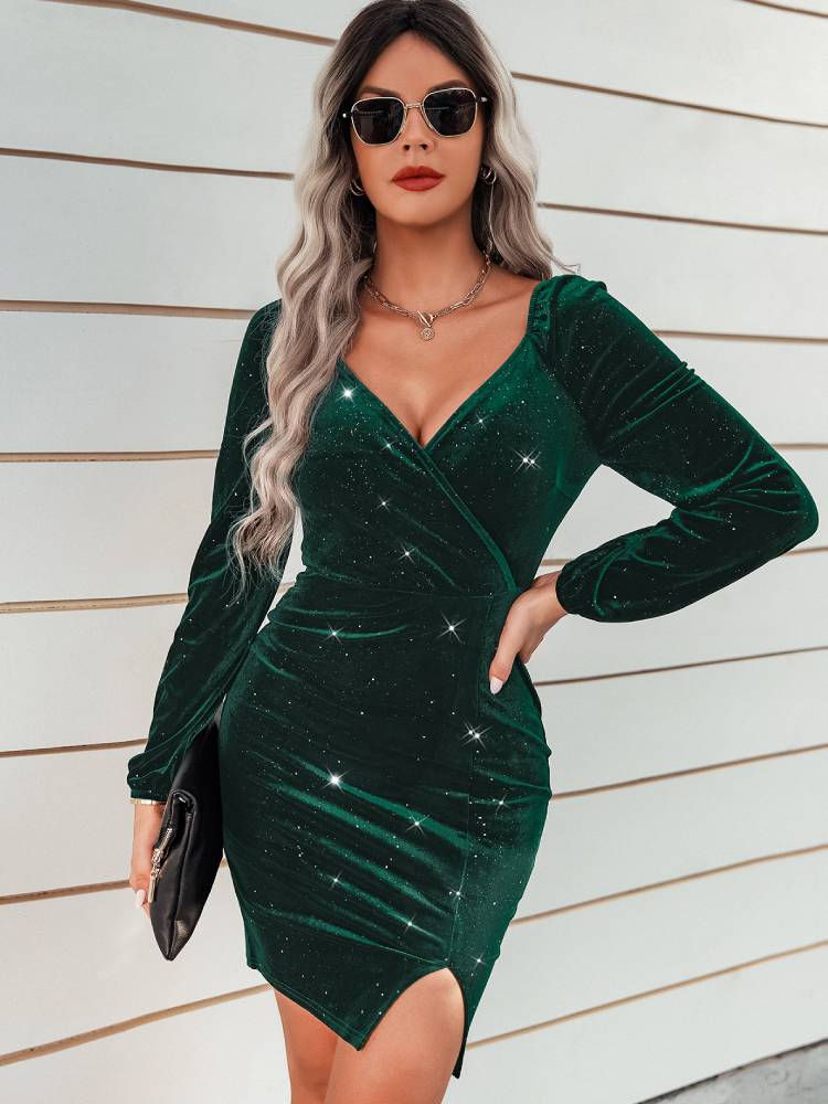 Long Sleeve Glitter Bodycon Mini Dresses Tiynon