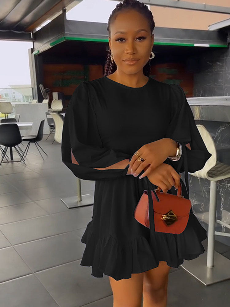 Long Sleeve Hollow Out Lace Up Mini Dresses Tiynon