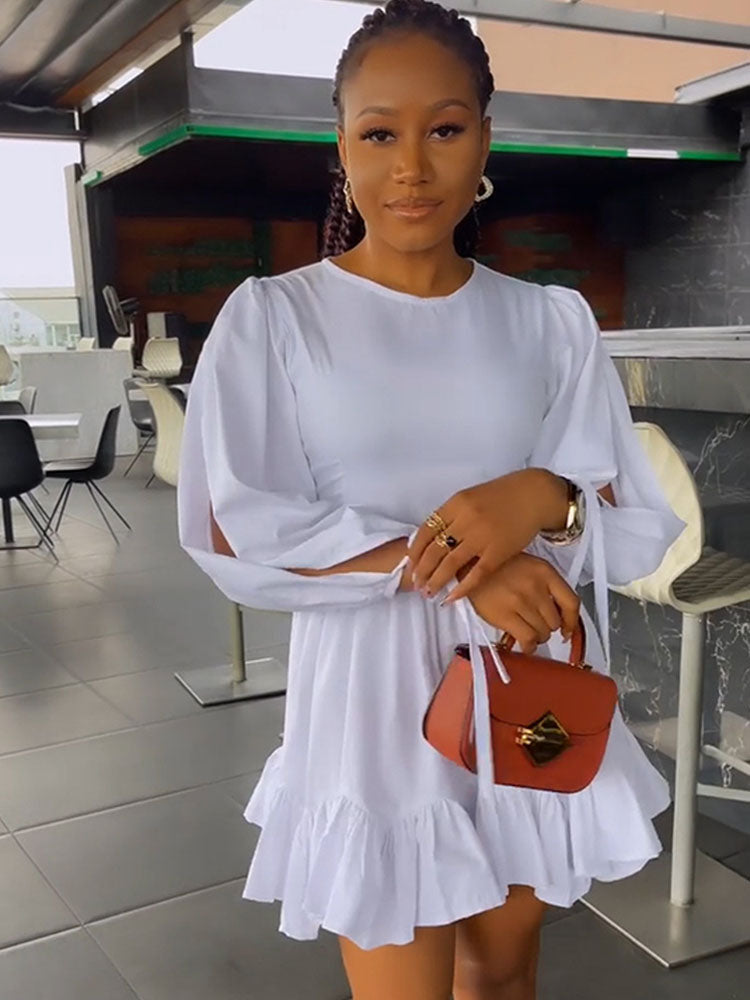 Long Sleeve Hollow Out Lace Up Mini Dresses Tiynon