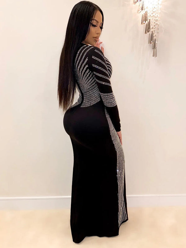 Long Sleeve Hot Drilling Sequins High Split Maxi Dresses Tiynon