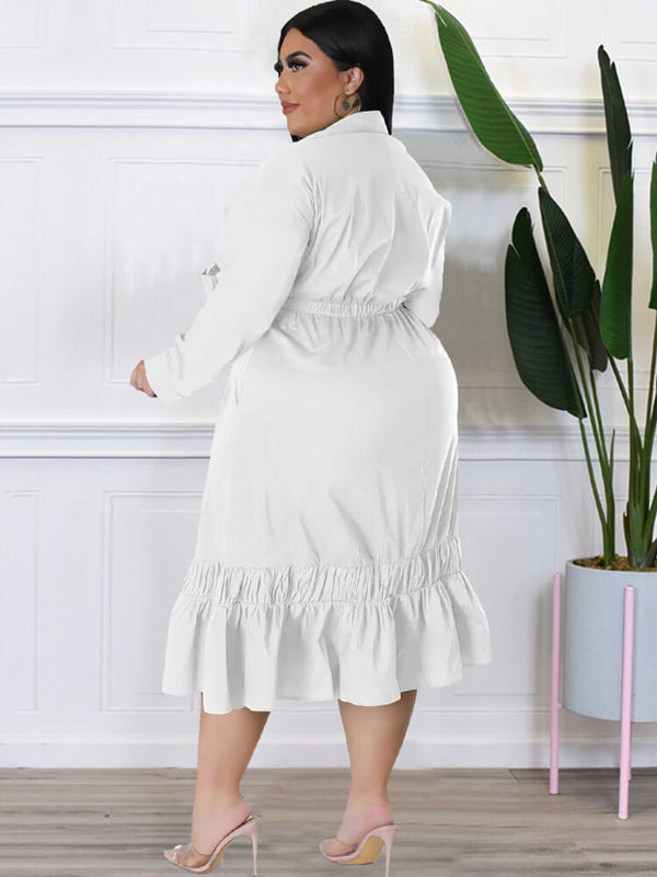 Long Sleeve Lace Up Solid Midi Dresses Tiynon