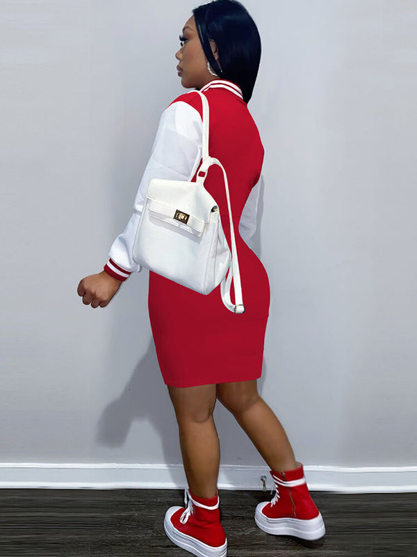 Long Sleeve Letter Print Baseball Mini Dresses Tiynon