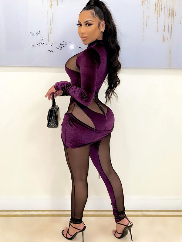 Long Sleeve Mesh Patchwork Jumpsuits Tiynon