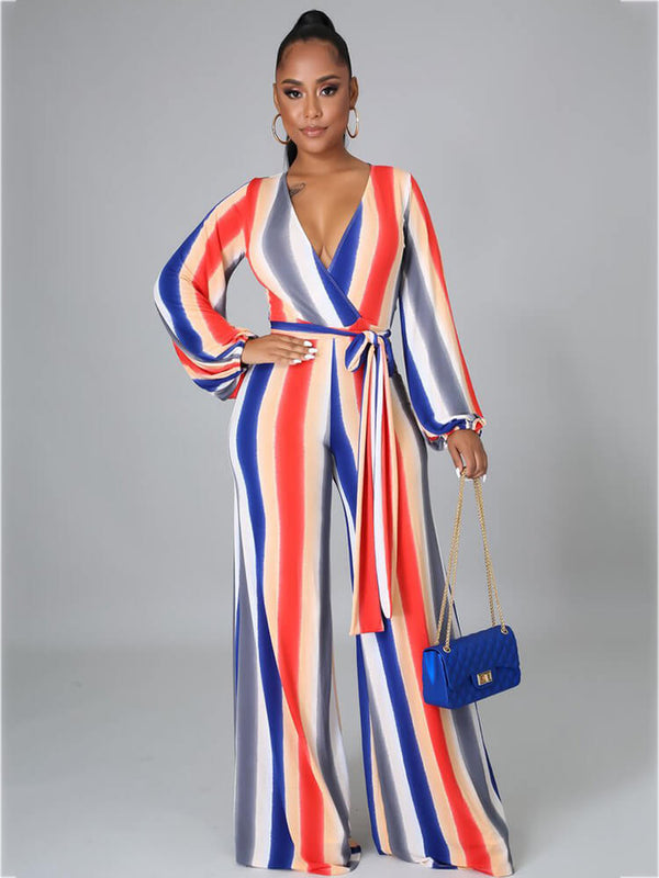 Long Sleeve Multicolor Stripe Wide Leg Jumpsuits with Belt Tiynon