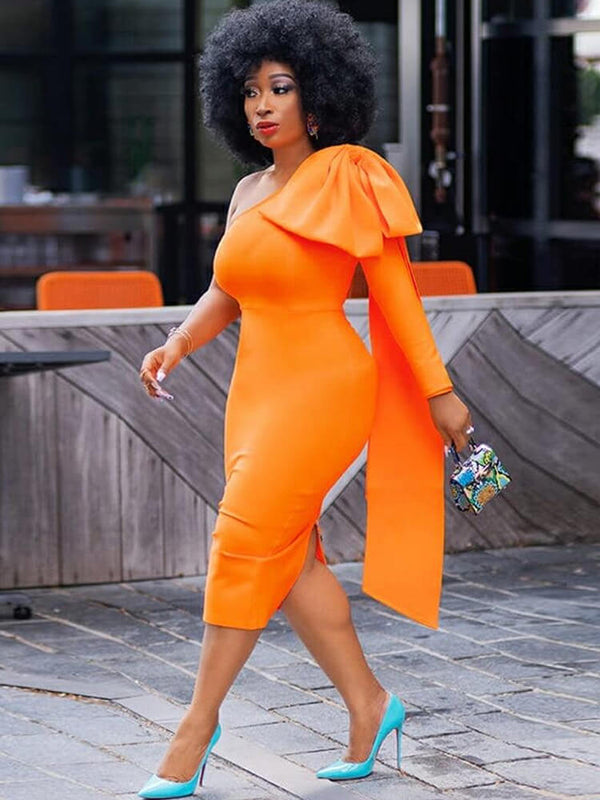 Long Sleeve One Shoulder Ruffle Midi Dresses Tiynon