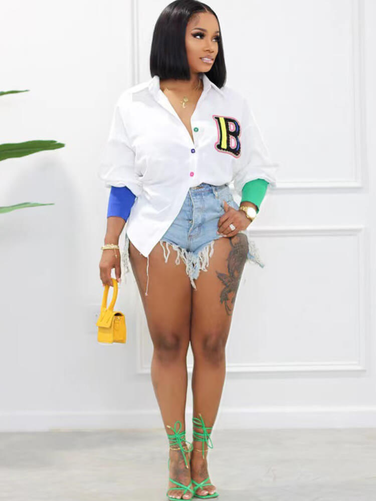 Long Sleeve Patchwork Button Blouse Tops Tiynon