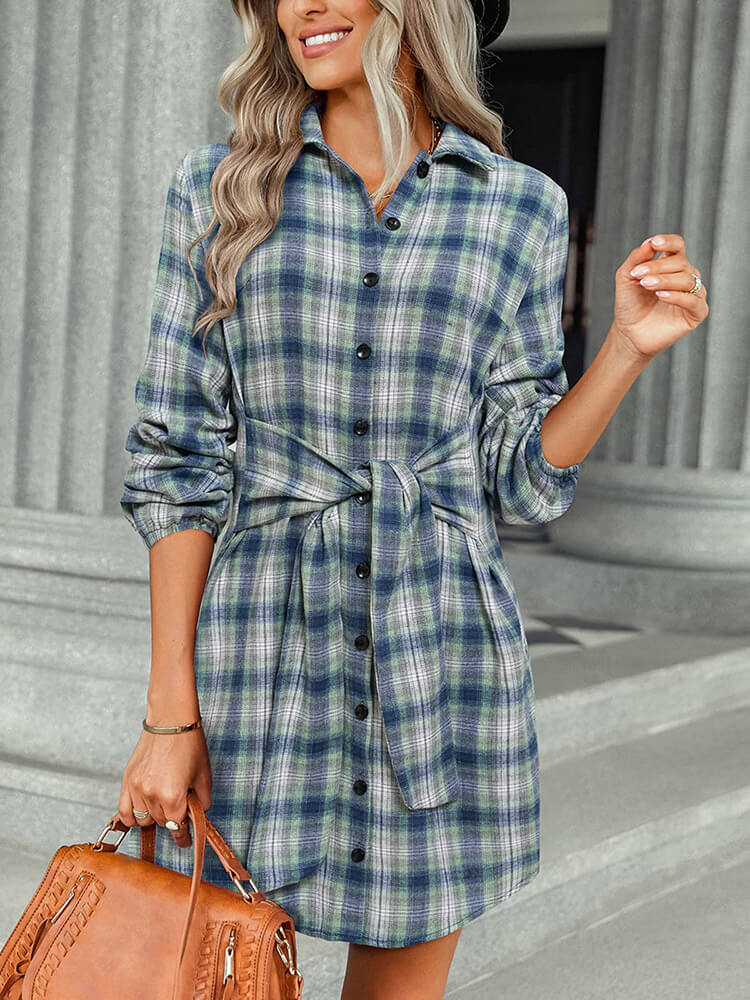 Long Sleeve Plaid Lace Up Shirt Mini Dresses Tiynon